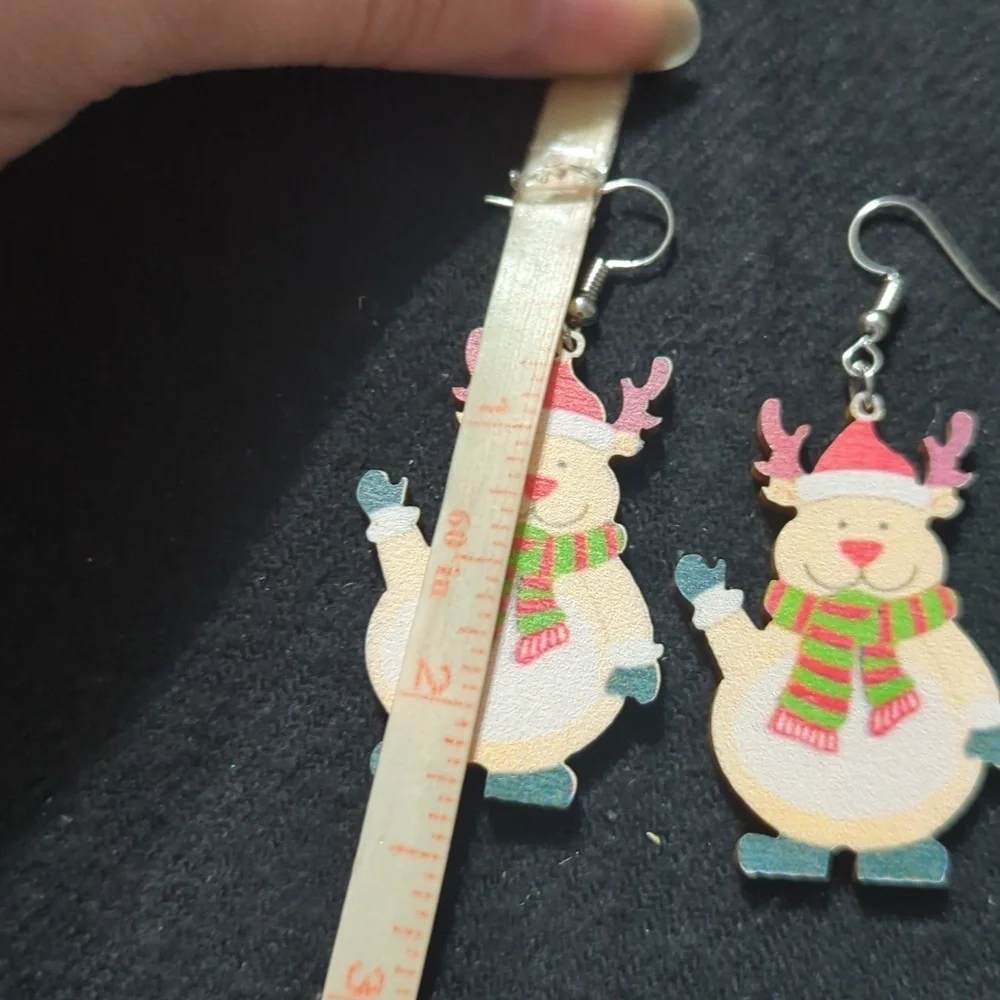 Green White Red Reindeer Christmas Holiday Wood Dangle Statement Earrings